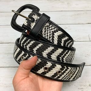 Black White Chevron Straw Woven Faux Leather Belt
